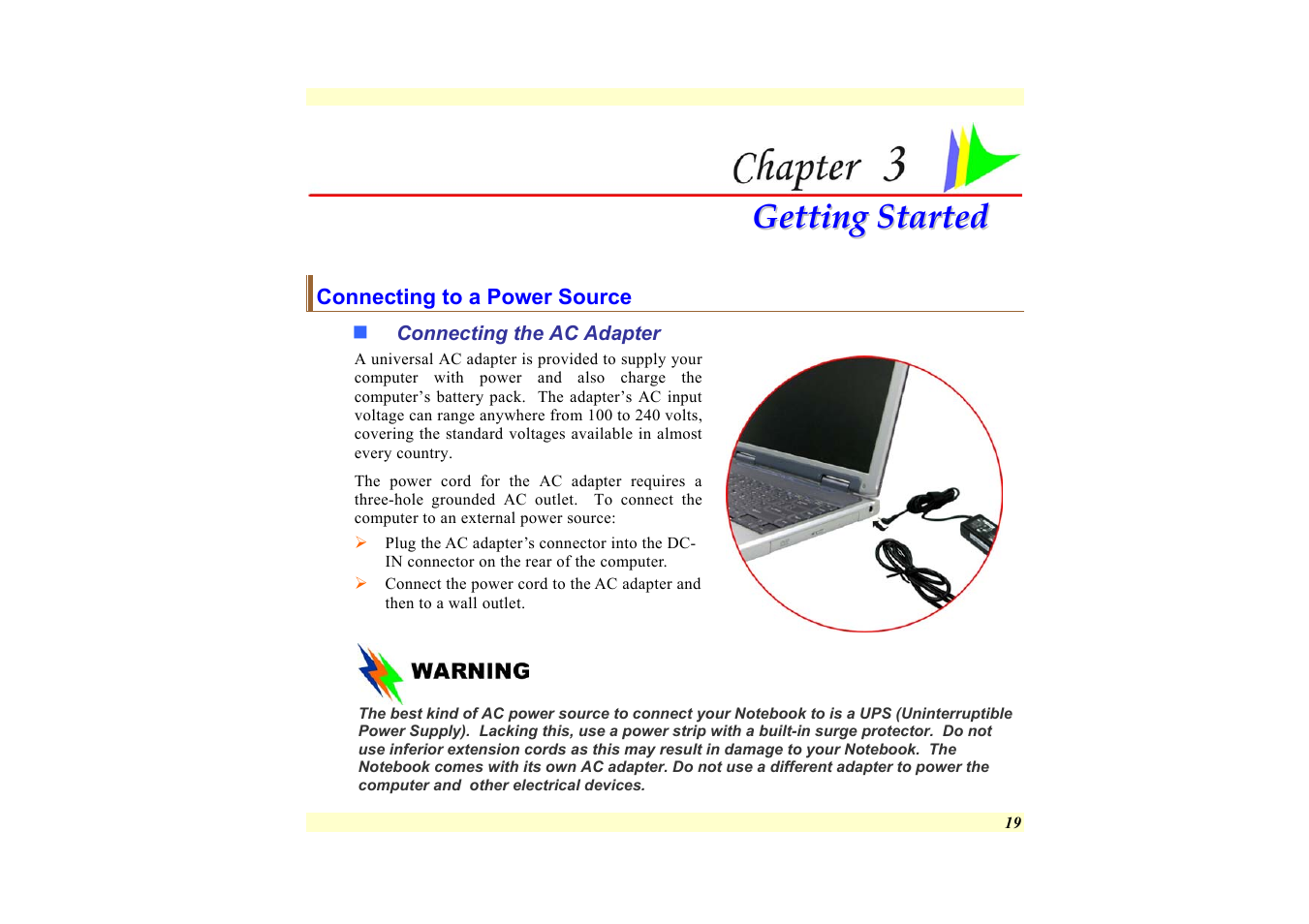 Connecting to a power source, Connecting the ac adapter, Chapter 3: getting started | Elitegroup 557 User Manual | Page 29 / 81