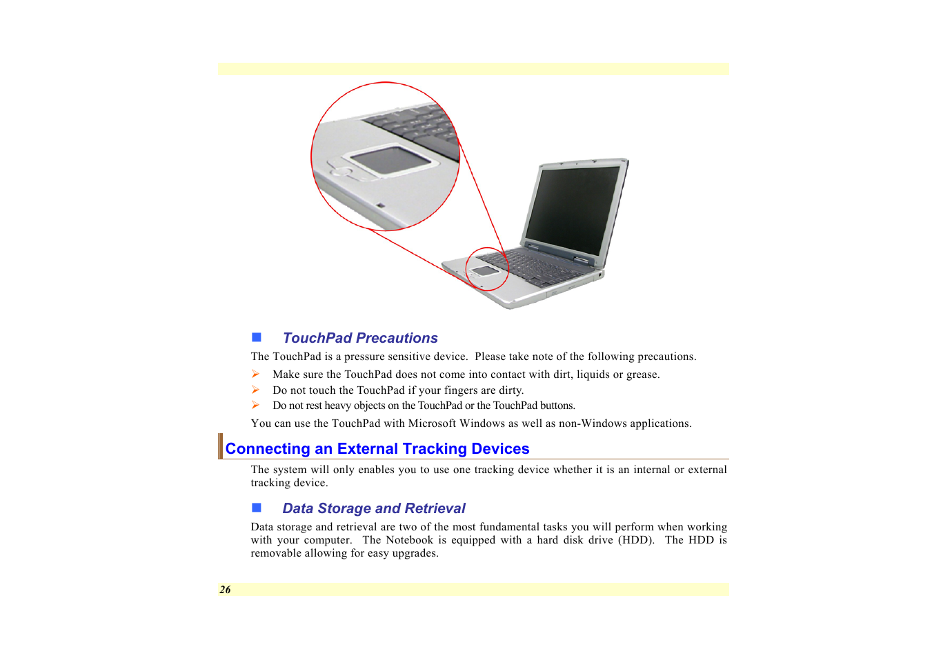 Touchpad precautions, Connecting an external tracking devices, Data storage and retrieval | Elitegroup 557 User Manual | Page 36 / 81