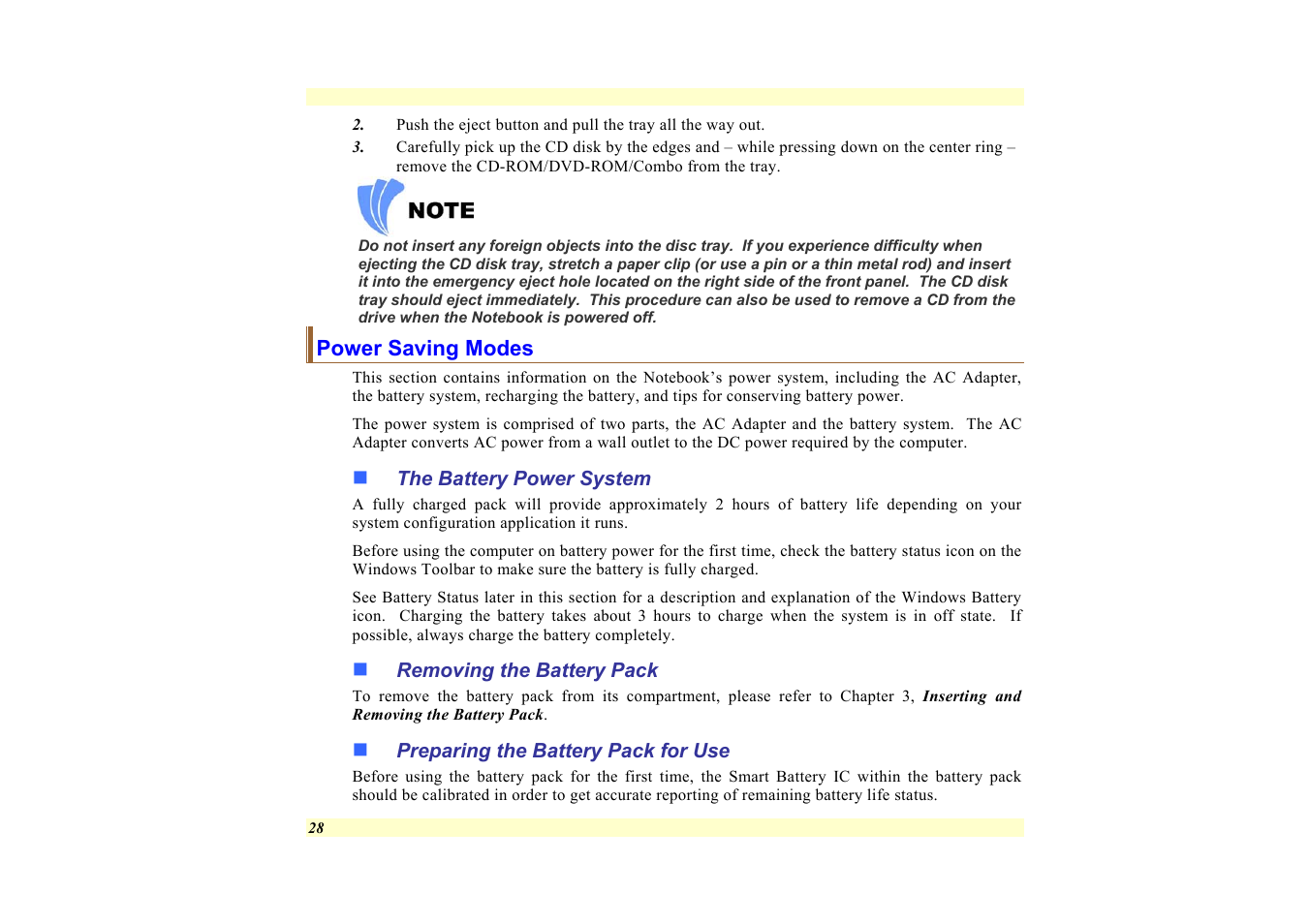 Power saving modes, The battery power system, Removing the battery pack | Preparing the battery pack for use | Elitegroup 557 User Manual | Page 38 / 81