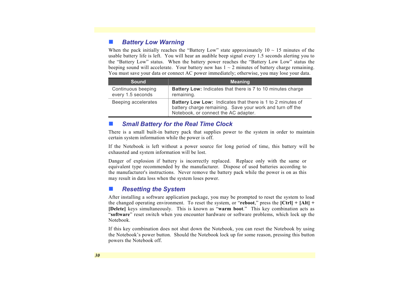 Battery low warning, Small battery for the real time clock, Resetting the system | Elitegroup 557 User Manual | Page 40 / 81