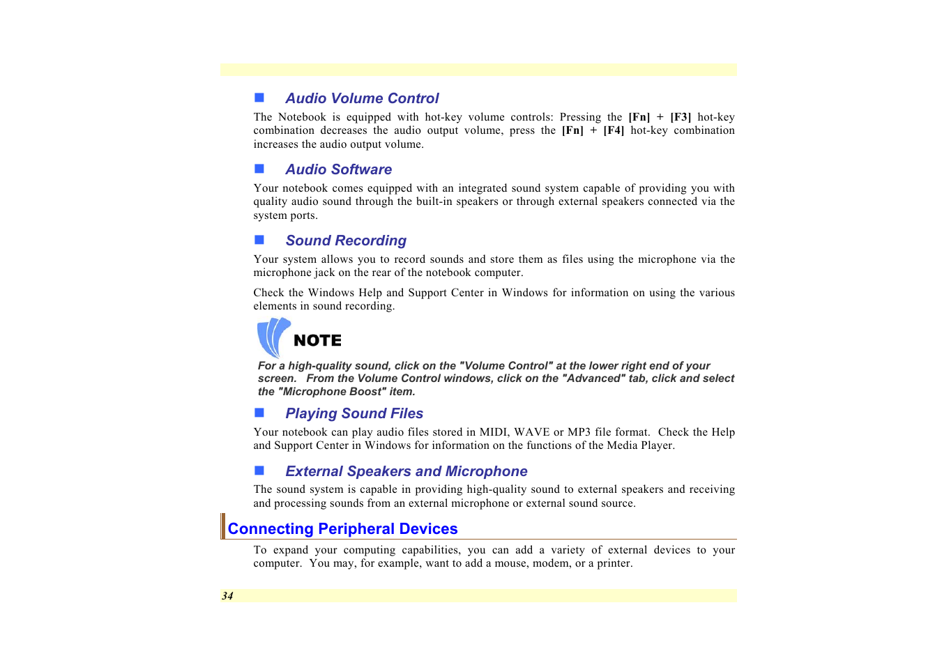 Audio volume control, Audio software, Sound recording | Playing sound files, External speakers and microphone, Connecting peripheral devices | Elitegroup 557 User Manual | Page 44 / 81