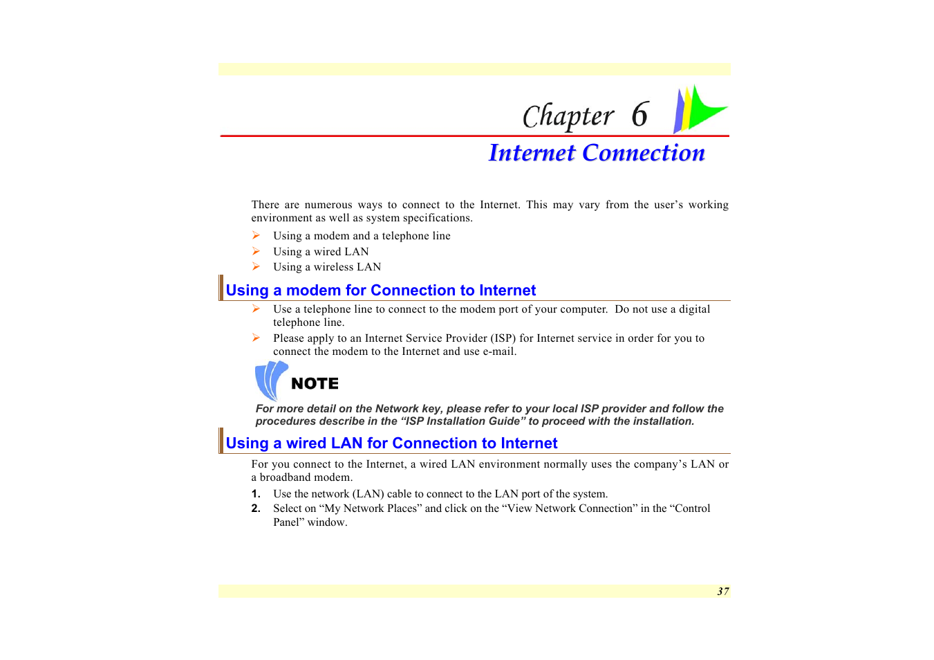 Using a modem for connection to internet, Using a wired lan for connection to internet, Chapter 6: internet connection | Elitegroup 557 User Manual | Page 47 / 81