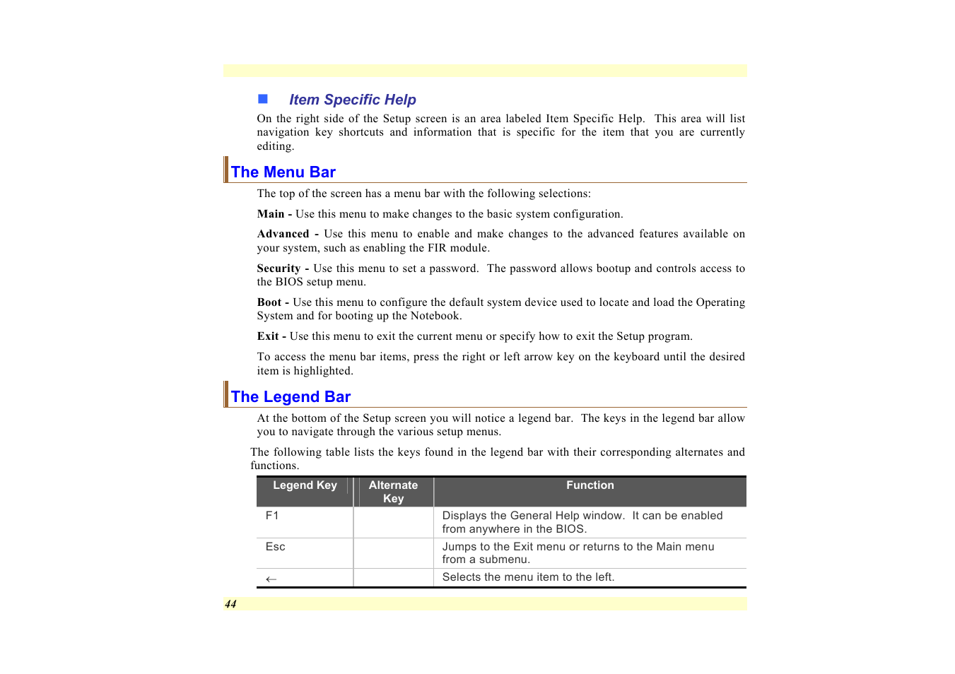 Item specific help, The menu bar, The legend bar | Elitegroup 557 User Manual | Page 54 / 81