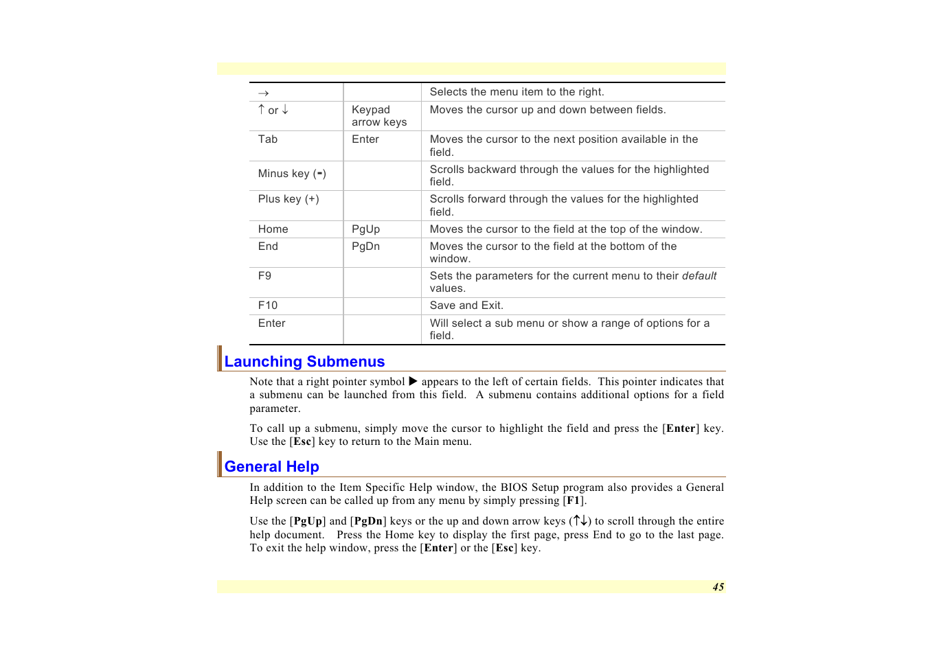 Launching submenus, General help | Elitegroup 557 User Manual | Page 55 / 81