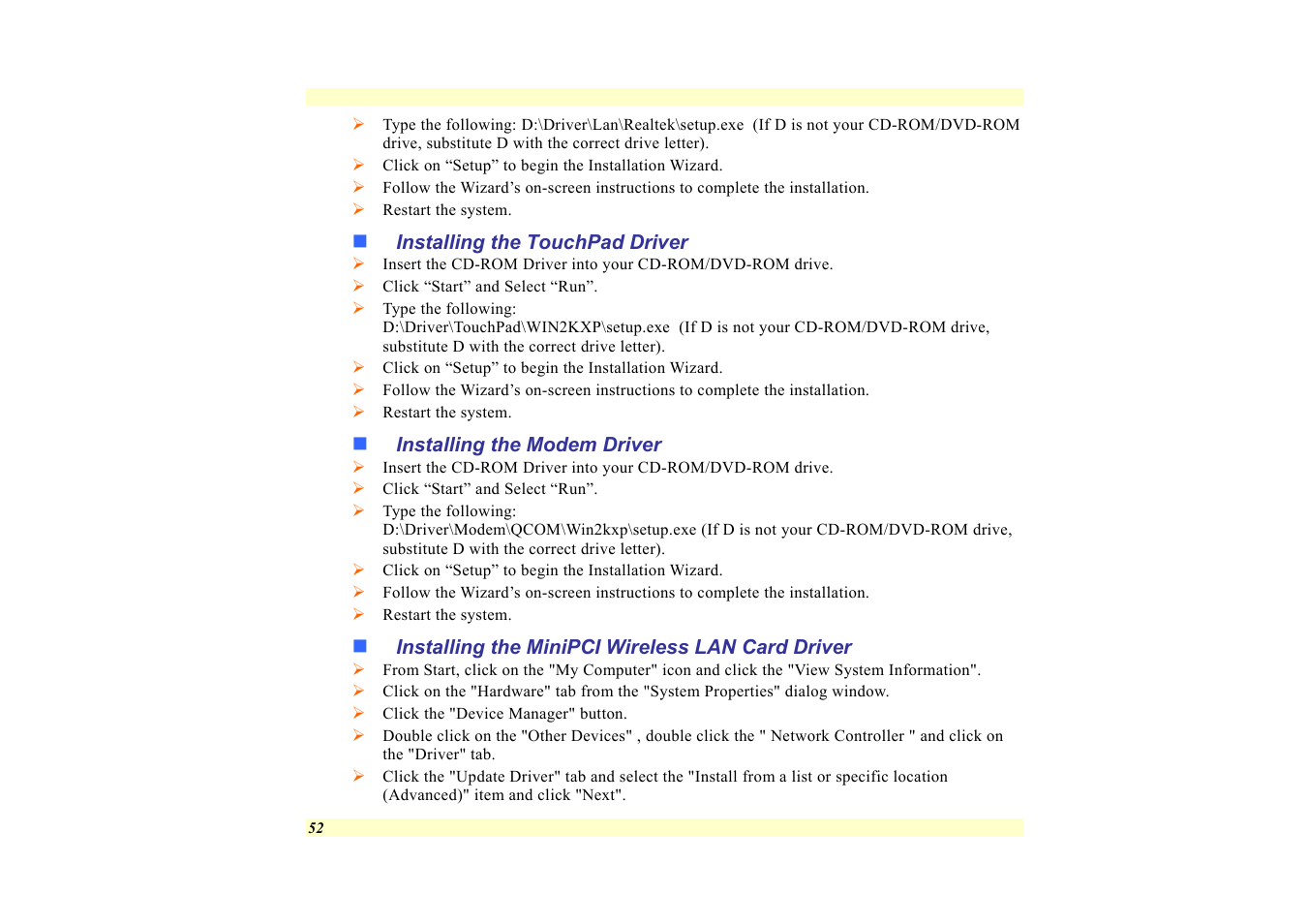 Installing the touchpad driver, Installing the modem driver, Installing the minipci wireless lan card driver | Elitegroup 557 User Manual | Page 62 / 81