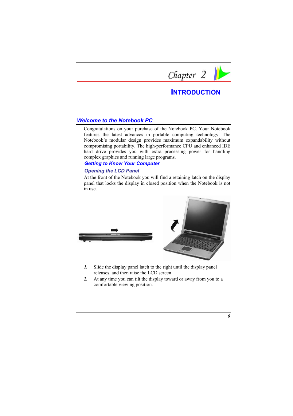 Welcome to the notebook pc, Getting to know your computer, Opening the lcd panel | Introduction | Elitegroup 536 User Manual | Page 17 / 71
