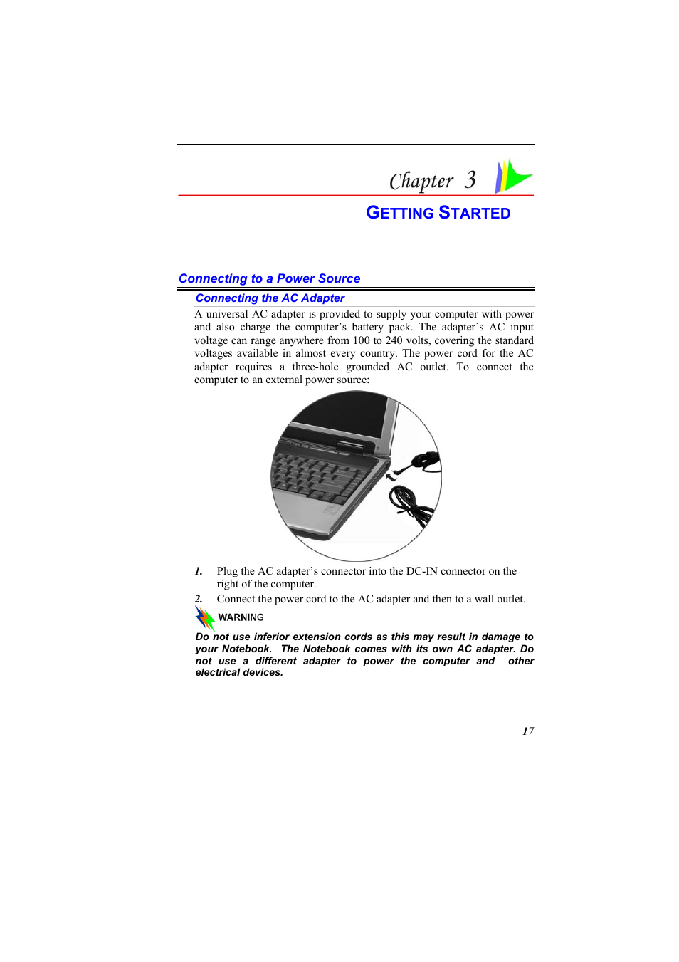 Connecting to a power source, Connecting the ac adapter, Getting started | Elitegroup 536 User Manual | Page 25 / 71