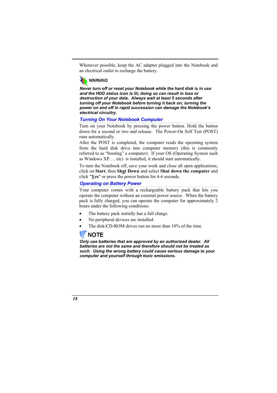 Turning on your notebook computer, Operating on battery power | Elitegroup 536 User Manual | Page 26 / 71