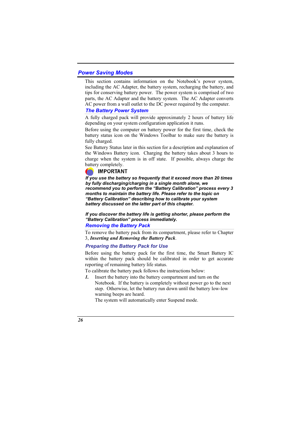 Power saving modes, The battery power system, Removing the battery pack | Preparing the battery pack for use | Elitegroup 536 User Manual | Page 34 / 71
