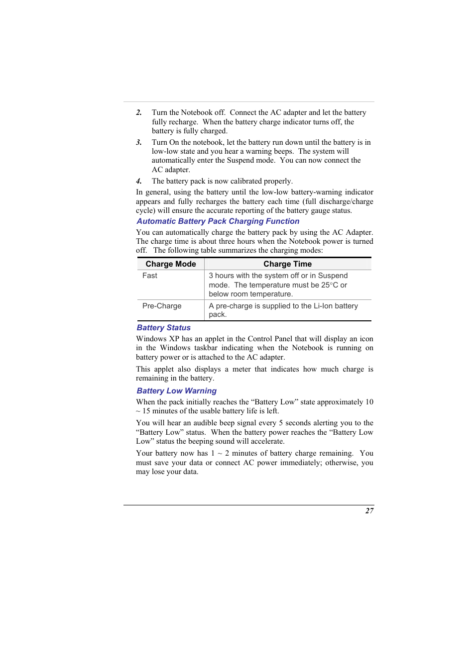 Automatic battery pack charging function, Battery status, Battery low warning | Elitegroup 536 User Manual | Page 35 / 71