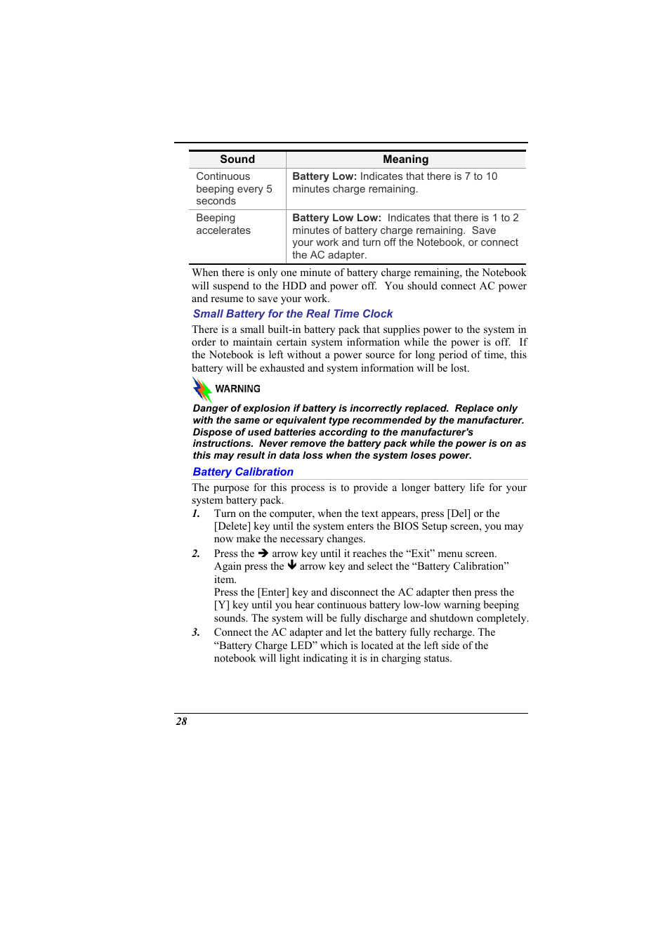 Small battery for the real time clock, Battery calibration | Elitegroup 536 User Manual | Page 36 / 71