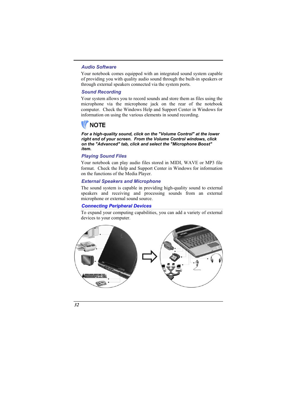 Audio software, Sound recording, Playing sound files | External speakers and microphone, Connecting peripheral devices | Elitegroup 536 User Manual | Page 40 / 71