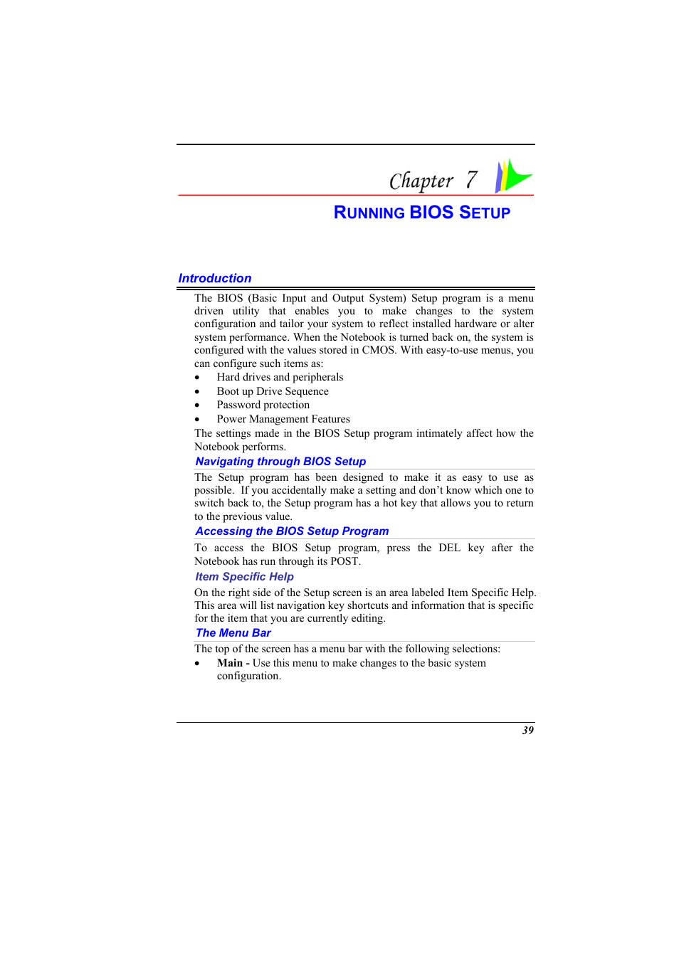 Introduction, Navigating through bios setup, Accessing the bios setup program | Item specific help, The menu bar, Running bios setup, Bios s | Elitegroup 536 User Manual | Page 47 / 71