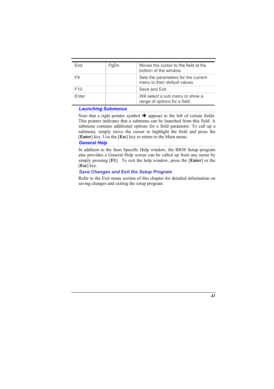 Launching submenus, General help, Save changes and exit the setup program | Elitegroup 536 User Manual | Page 49 / 71