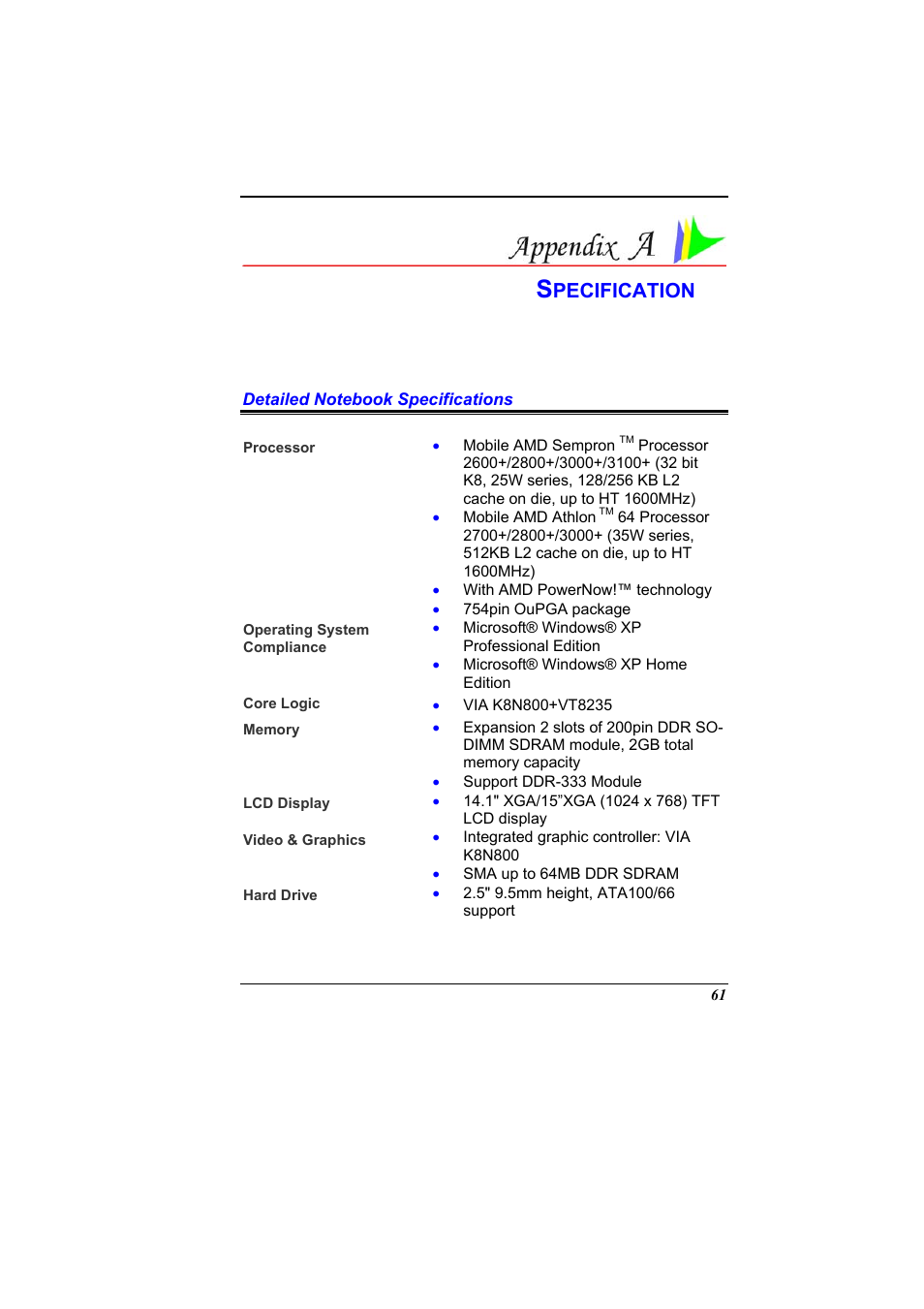 Detailed notebook specifications, Specification, Pecification | Elitegroup 536 User Manual | Page 69 / 71
