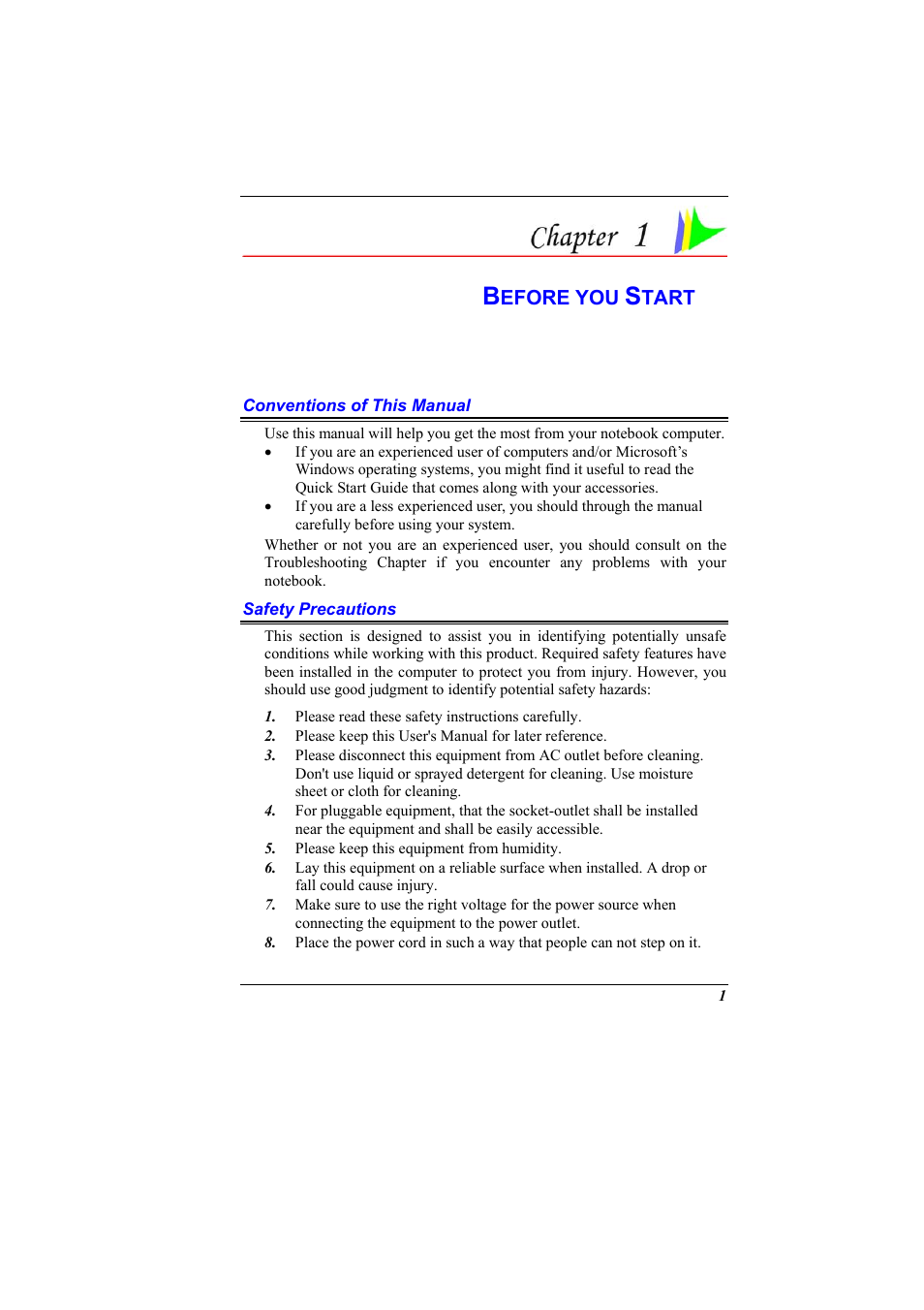 Conventions of this manual, Safety precautions, Before you start | Elitegroup 536 User Manual | Page 9 / 71
