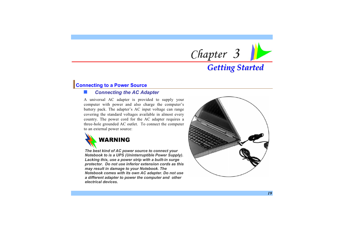 Connecting to a power source, Connecting the ac adapter, Getting started | Elitegroup 532 User Manual | Page 27 / 83