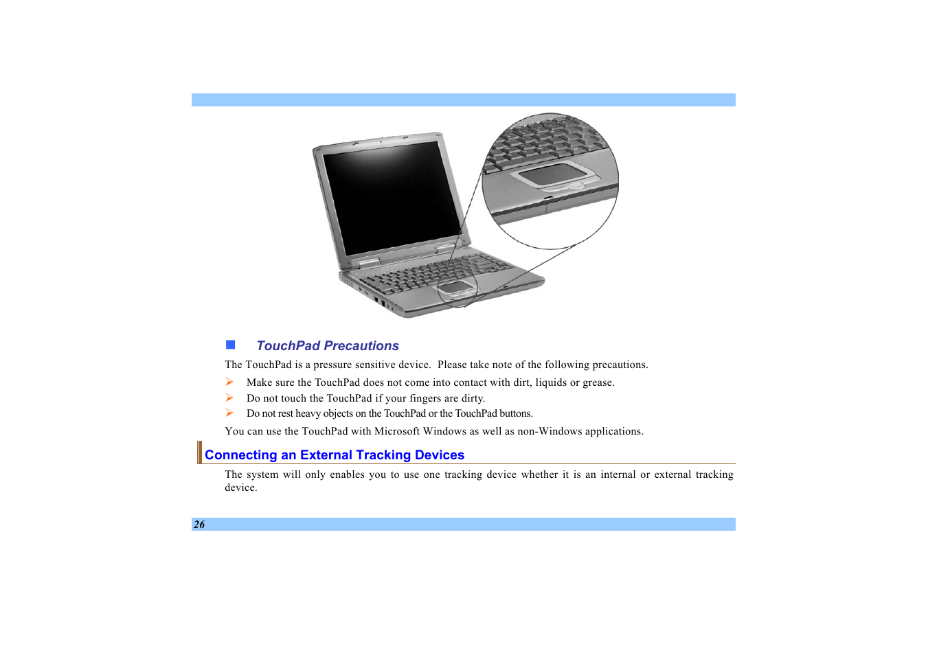 Touchpad precautions, Connecting an external tracking devices | Elitegroup 532 User Manual | Page 34 / 83