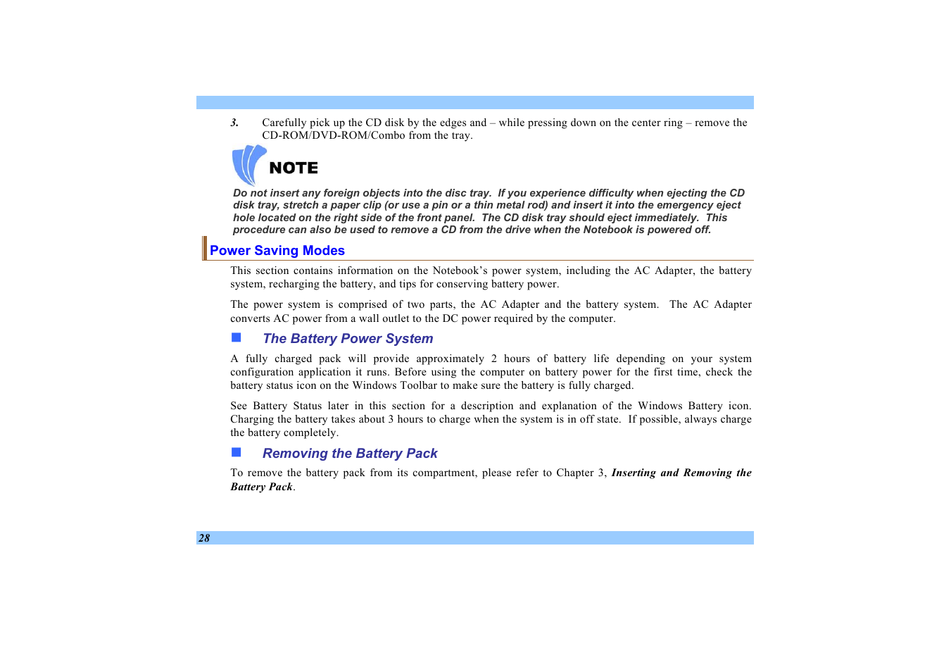 Power saving modes, The battery power system, Removing the battery pack | Elitegroup 532 User Manual | Page 36 / 83