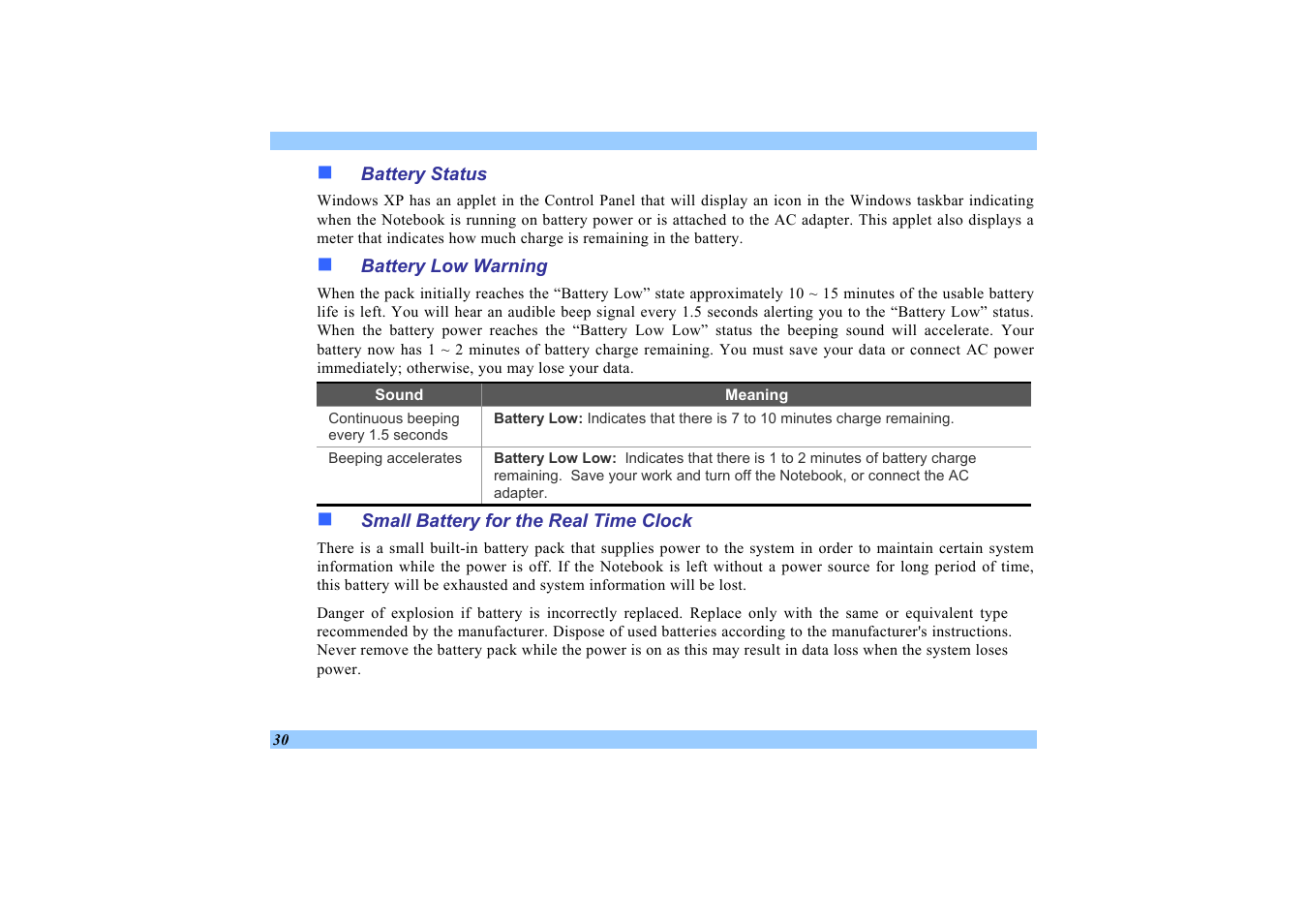 Battery status, Battery low warning, Small battery for the real time clock | Elitegroup 532 User Manual | Page 38 / 83