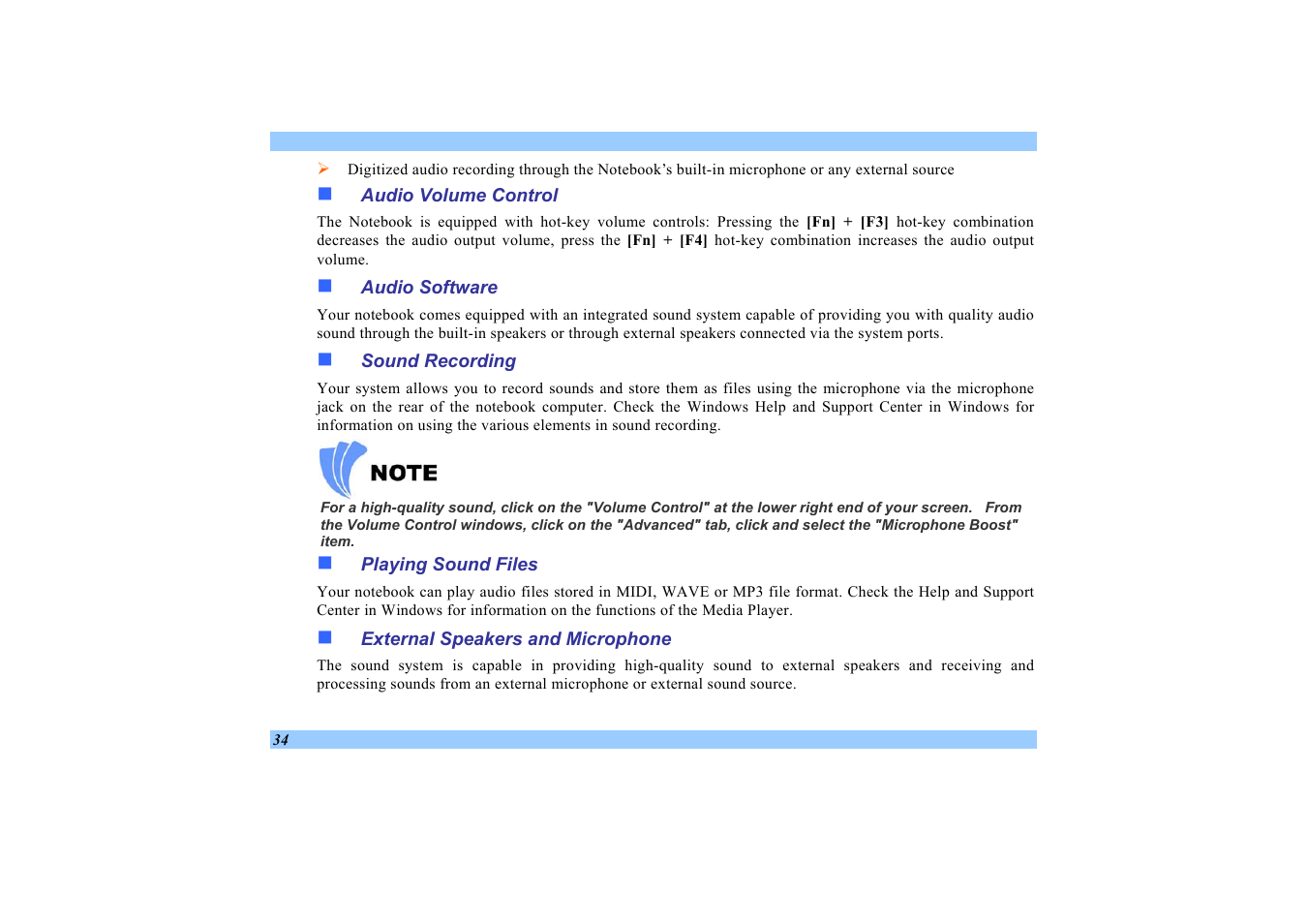 Audio volume control, Audio software, Sound recording | Playing sound files, External speakers and microphone | Elitegroup 532 User Manual | Page 42 / 83