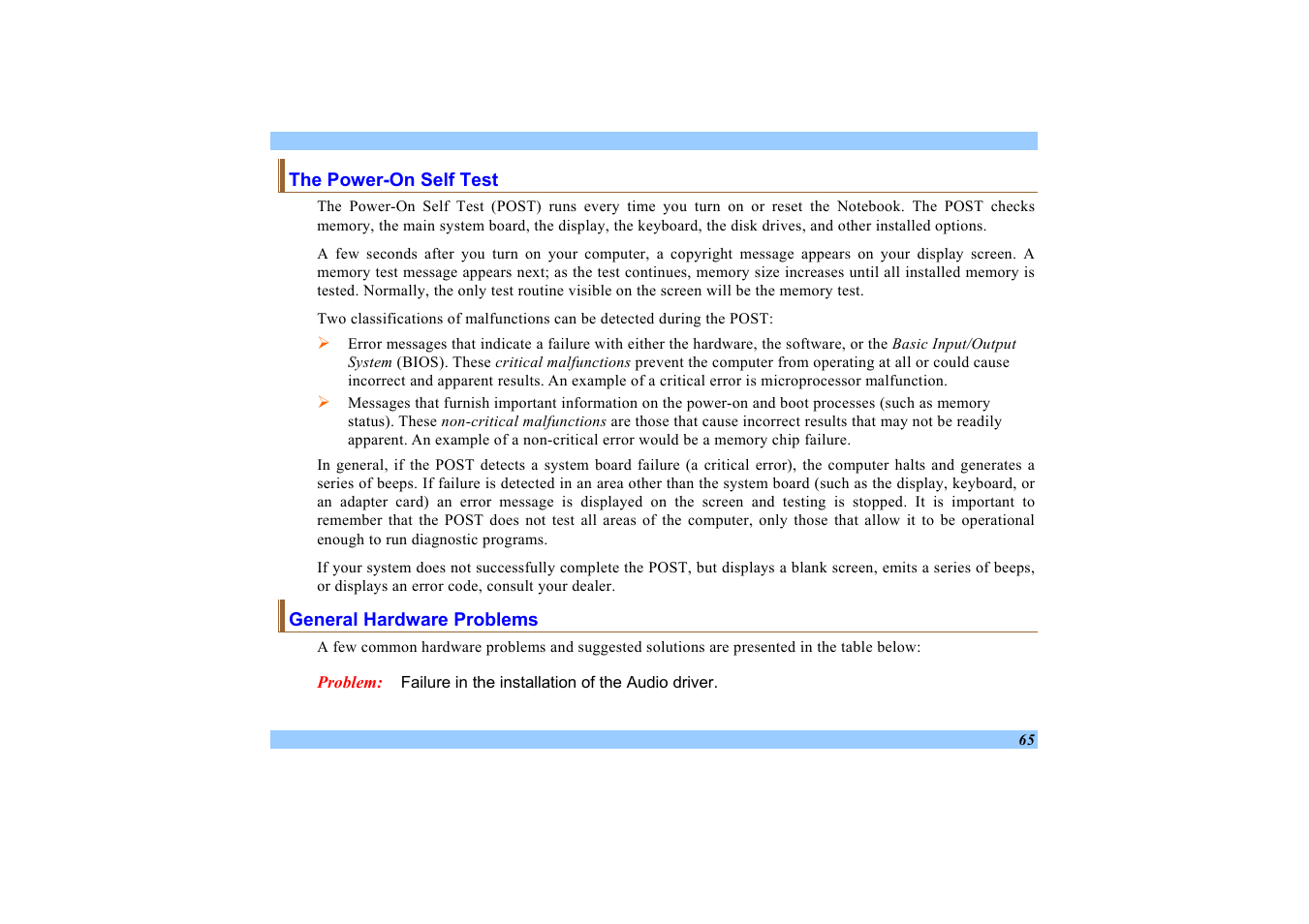 The power-on self test, General hardware problems | Elitegroup 532 User Manual | Page 73 / 83