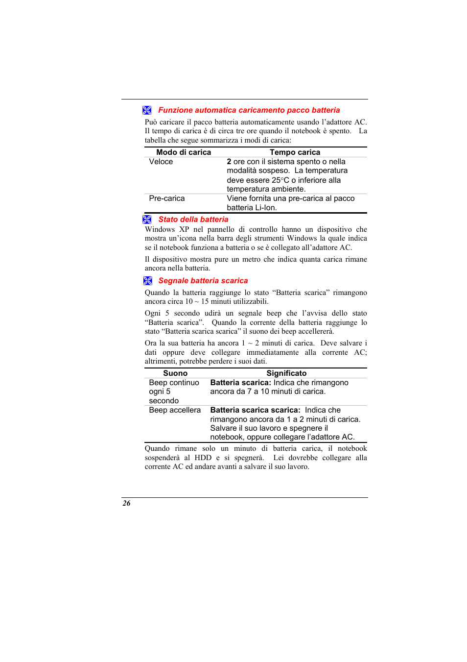 Funzione automatica caricamento pacco batteria, Stato della batteria, Segnale batteria scarica | Elitegroup 321 User Manual | Page 34 / 65