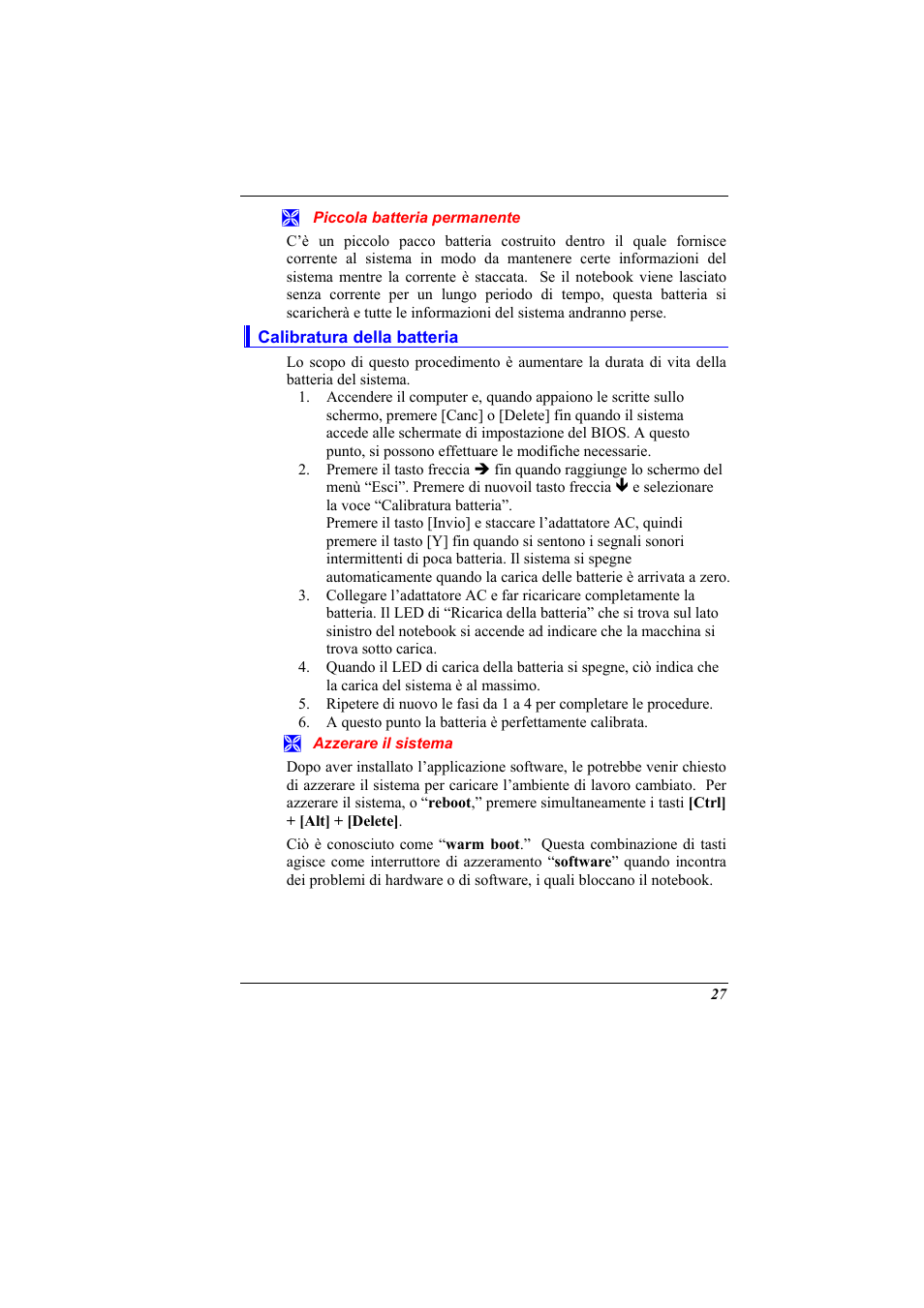 Piccola batteria permanente, Calibratura della batteria, Azzerare il sistema | Elitegroup 321 User Manual | Page 35 / 65