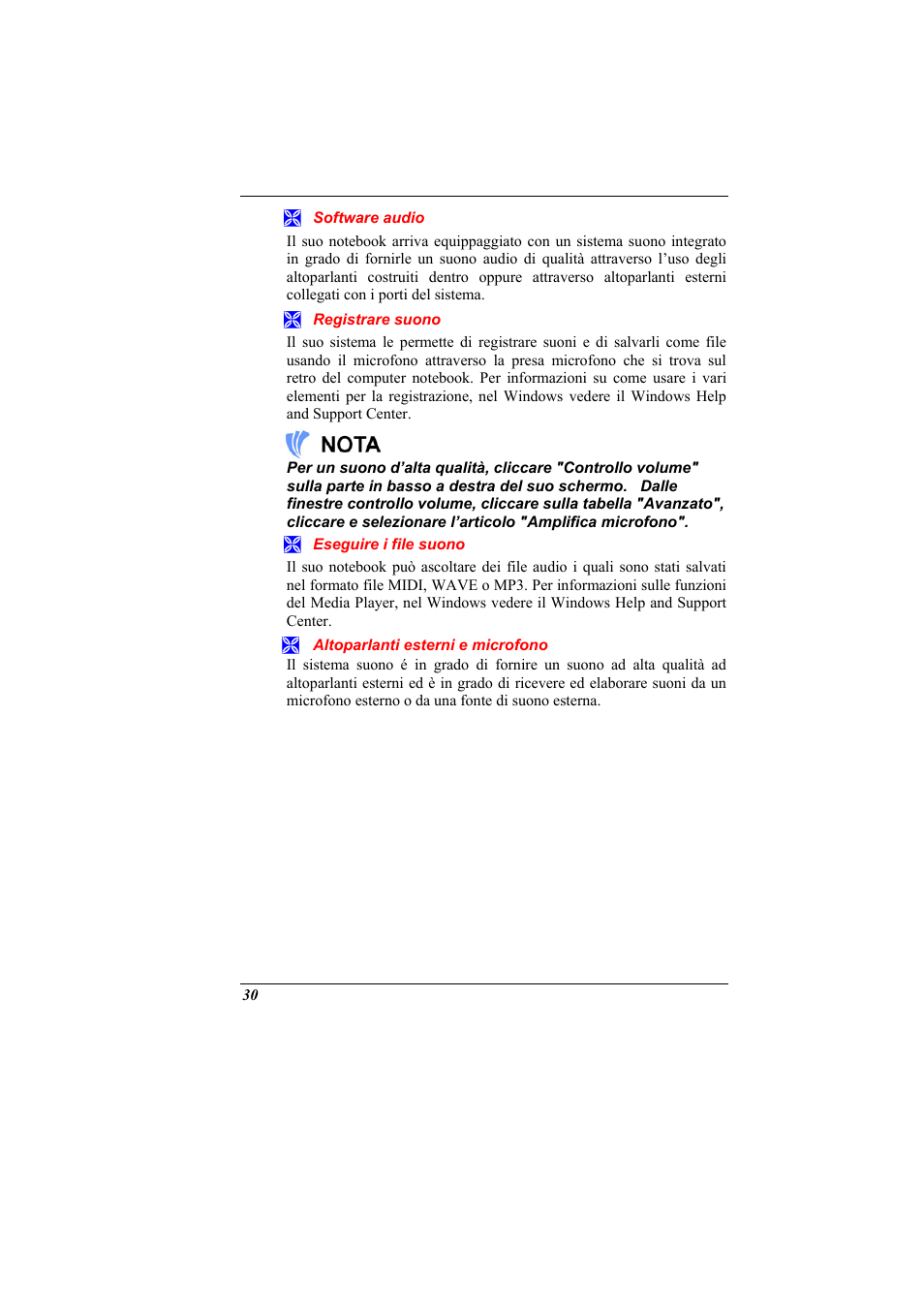 Software audio, Registrare suono, Eseguire i file suono | Altoparlanti esterni e microfono | Elitegroup 321 User Manual | Page 38 / 65