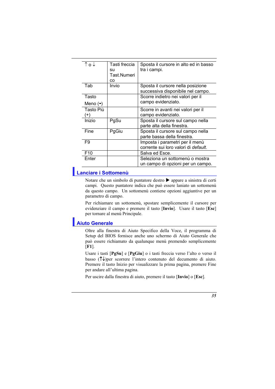 Lanciare i sottomenu, Aiuto generale, Lanciare i sottomenù | Elitegroup 321 User Manual | Page 43 / 65