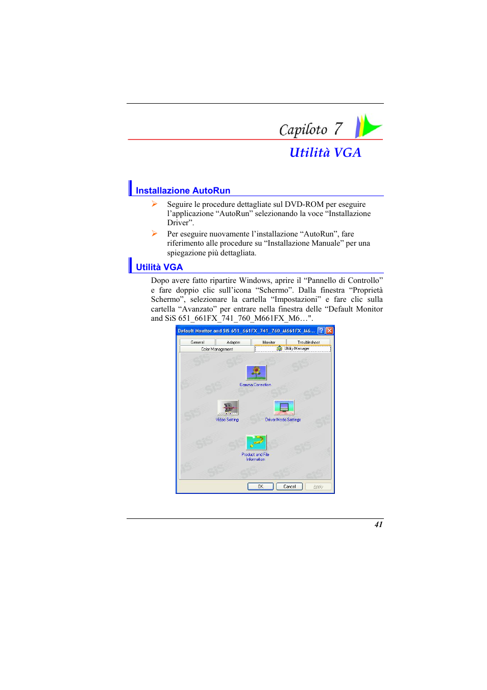 Installazione autorun, Utilita vga, Utilità vga | Elitegroup 321 User Manual | Page 49 / 65