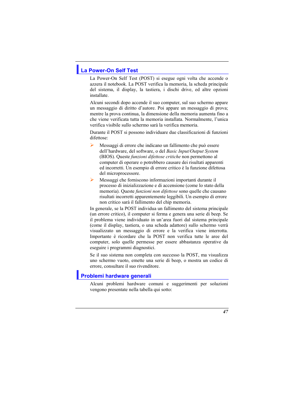 La power-on self test, Problemi hardware generali | Elitegroup 321 User Manual | Page 55 / 65