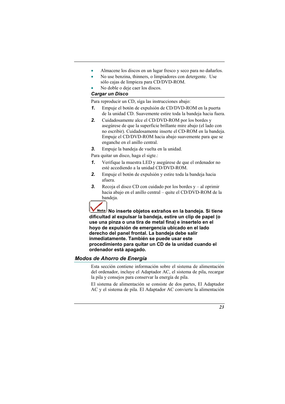 Cargar un disco, Modos de ahorro de energia, Modos de ahorro de energía | Elitegroup 321 User Manual | Page 31 / 67