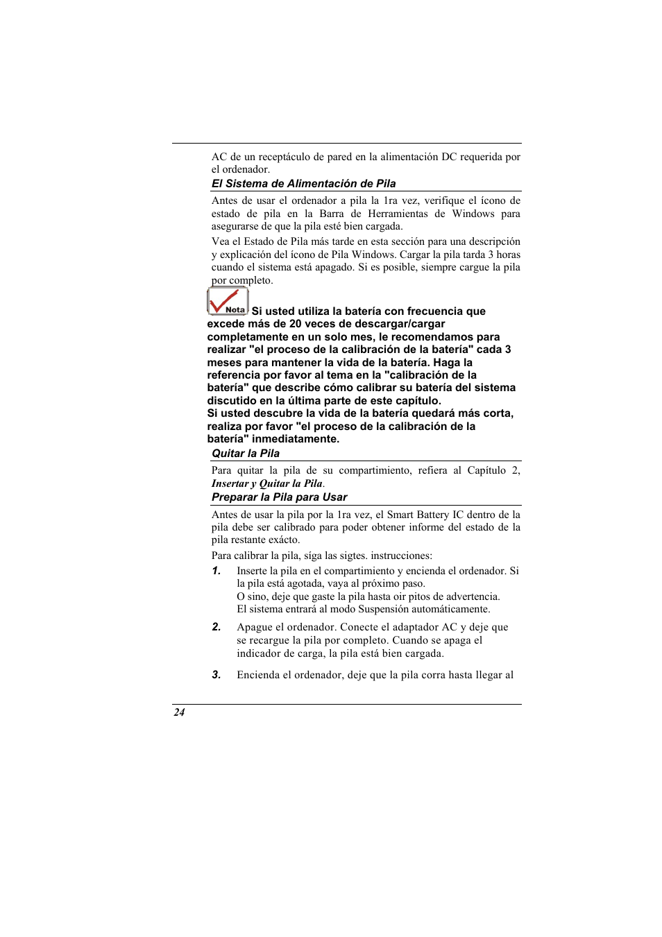El sistema de alimentacion de pila, Quitar la pila, Preparar la pila para usar | Elitegroup 321 User Manual | Page 32 / 67