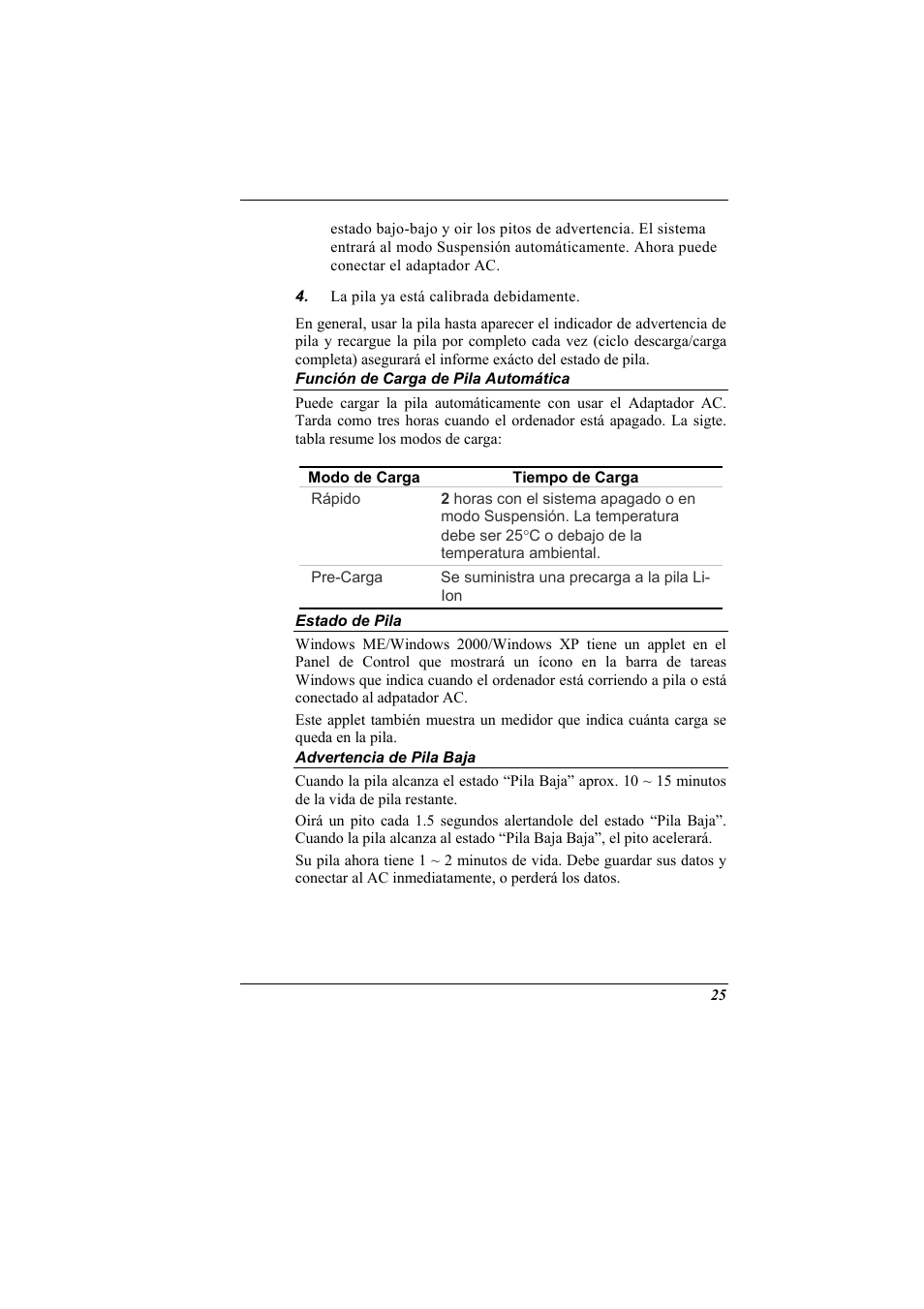 Funcion de carga de pila automatica, Estado de pila, Advertencia de pila baja | Elitegroup 321 User Manual | Page 33 / 67
