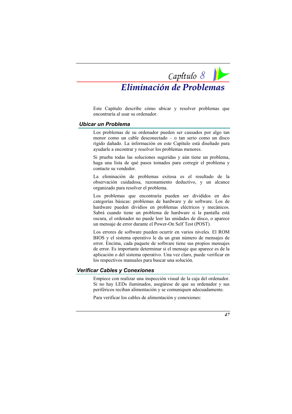 Ubicar un problema, Verificar cables y conexiones, Eliminación de problemas | Elitegroup 321 User Manual | Page 55 / 67