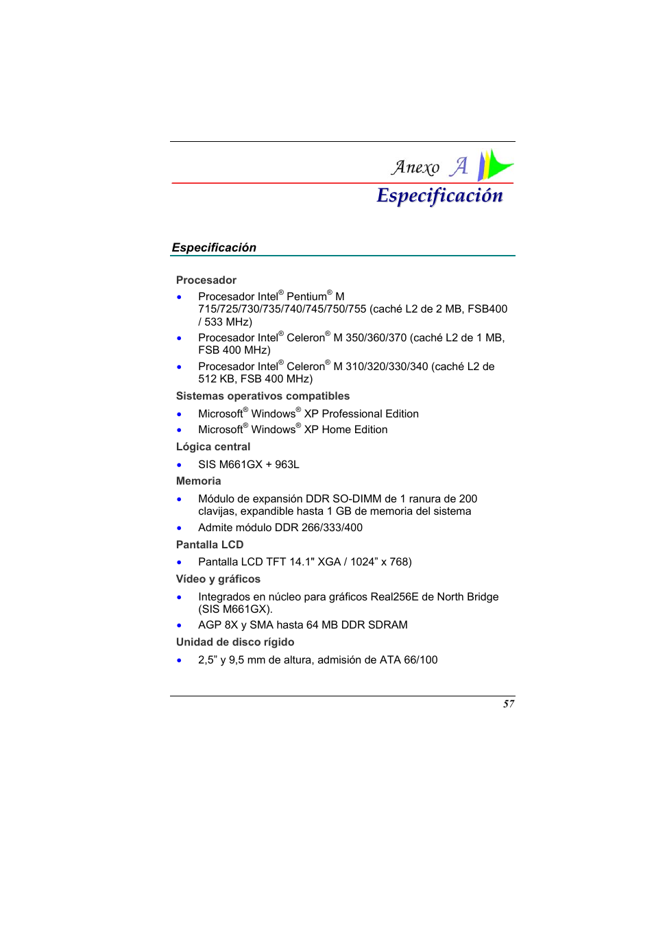 Especificacion, Especificación | Elitegroup 321 User Manual | Page 65 / 67