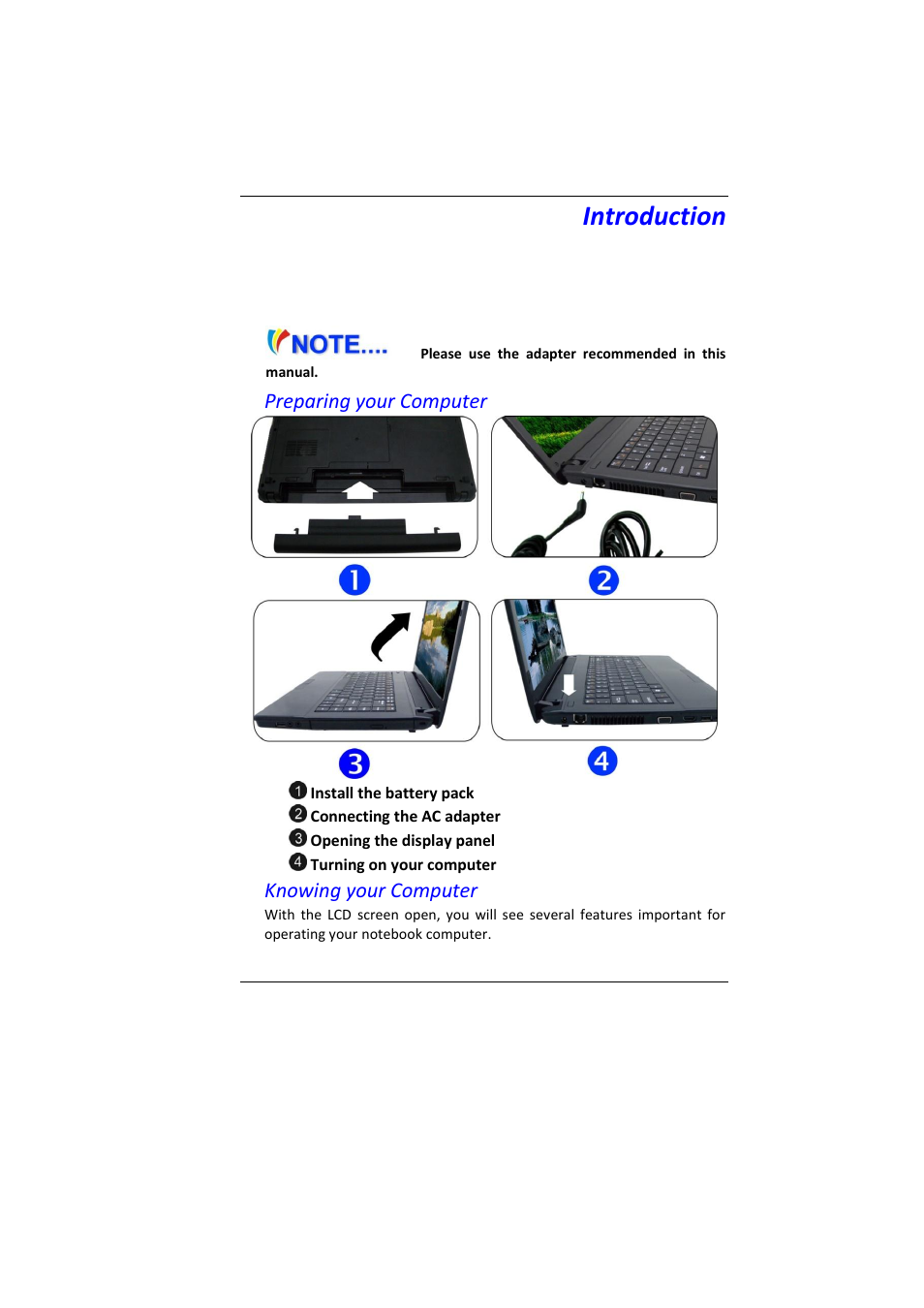 Ntroduction, Introduction, Preparing your computer | Knowing your computer | Elitegroup MB45II7 WIN7 User Manual | Page 18 / 70