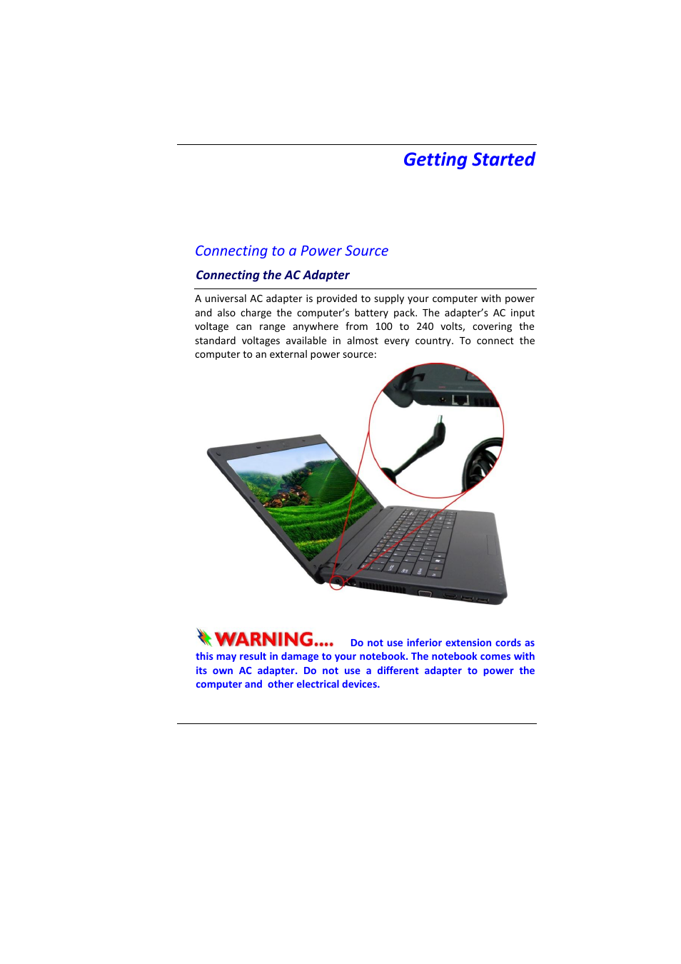 Etting, Tarted, Onnecting the | Dapter, Getting started, Connecting to a power source | Elitegroup MB45II7 WIN7 User Manual | Page 25 / 70