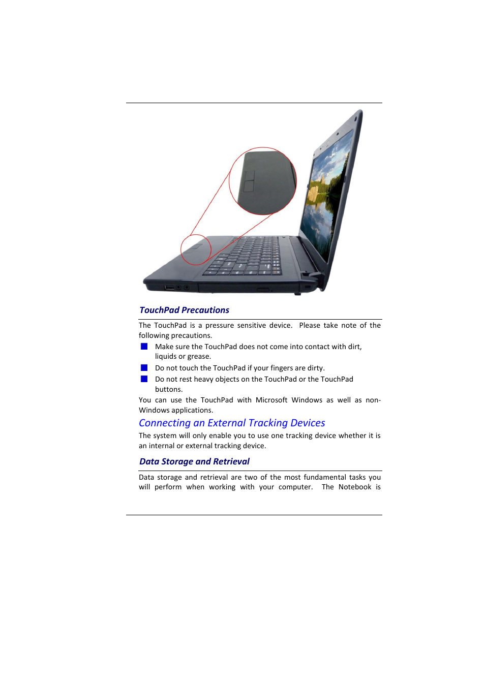 Ouch, Recautions, Torage and | Etrieval, Connecting an external tracking devices | Elitegroup MB45II7 WIN7 User Manual | Page 31 / 70