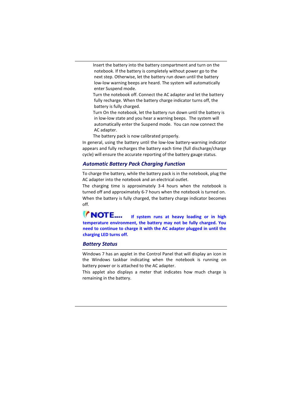 Utomatic, Attery, Harging | Unction, Tatus, Automatic battery pack charging function, Battery status | Elitegroup MB45II7 WIN7 User Manual | Page 33 / 70