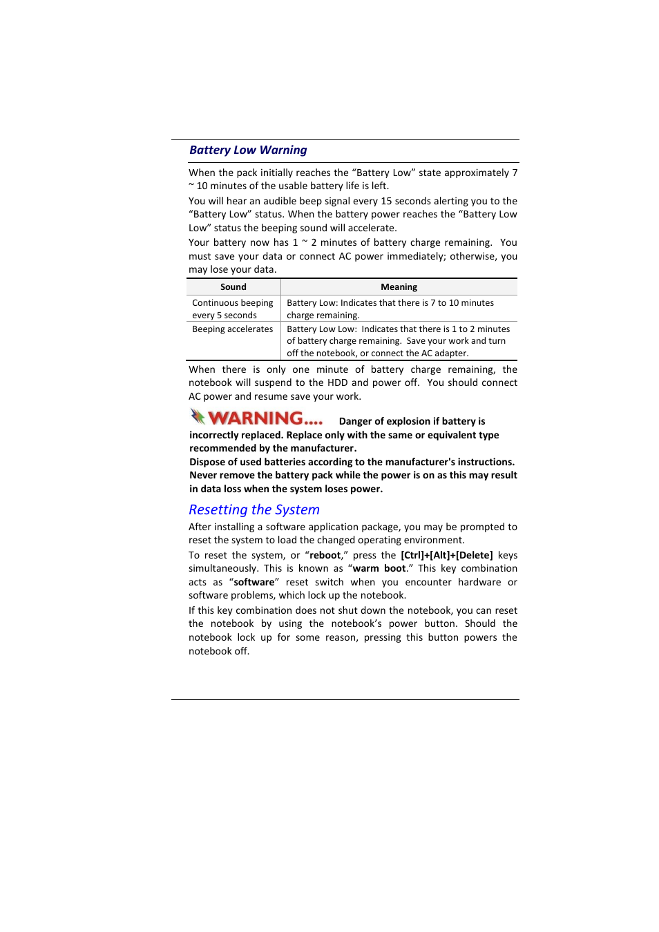 Attery, Arning, Resetting the system | Battery low warning | Elitegroup MB45II7 WIN7 User Manual | Page 34 / 70