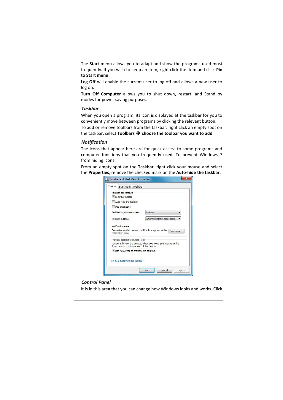 Taskbar, Notification, Control panel | Elitegroup MB45II7 WIN7 User Manual | Page 37 / 70