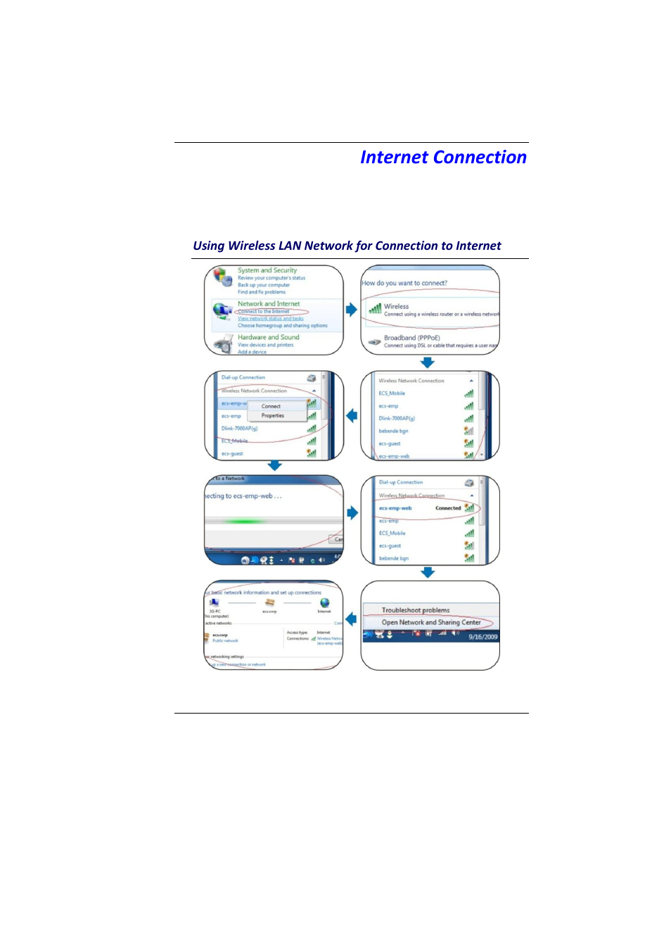 Nternet, Onnection, Sing | Ireless, Etwork for, Onnection to, Internet connection | Elitegroup MB45II7 WIN7 User Manual | Page 40 / 70