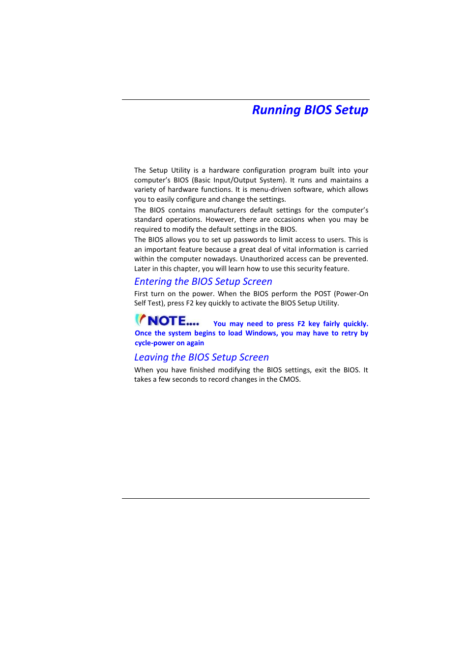 Unning, Bios, Etup | Running bios setup, Entering the bios setup screen, Leaving the bios setup screen | Elitegroup MB45II7 WIN7 User Manual | Page 42 / 70