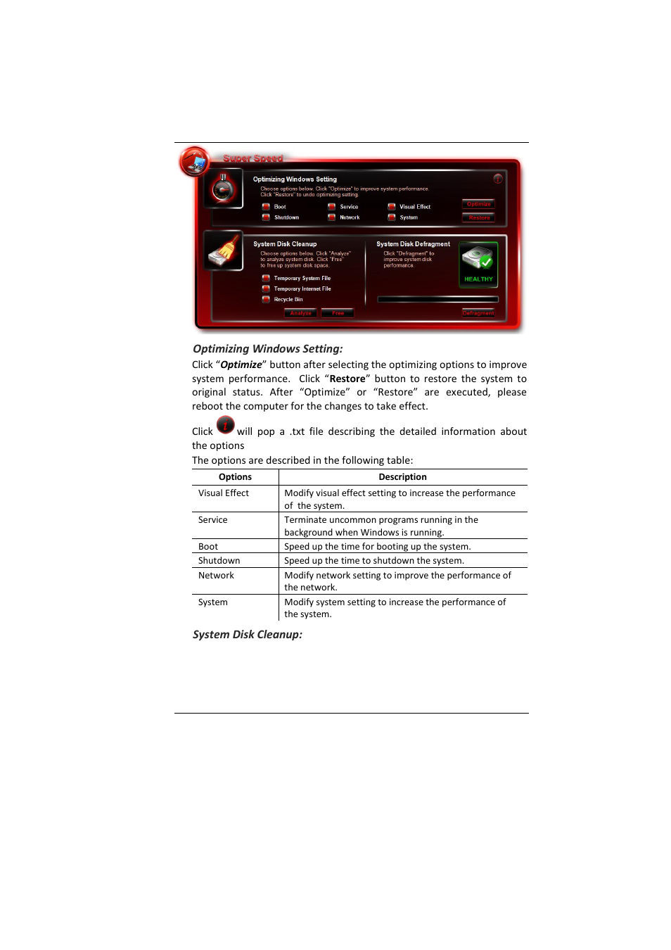 Optimizing windows setting, System disk cleanup | Elitegroup MB45II7 WIN7 User Manual | Page 59 / 70