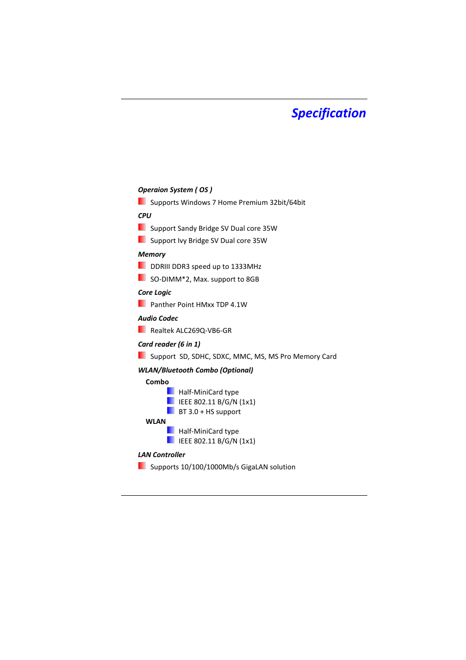 Pecification, Specification | Elitegroup MB45II7 WIN7 User Manual | Page 68 / 70