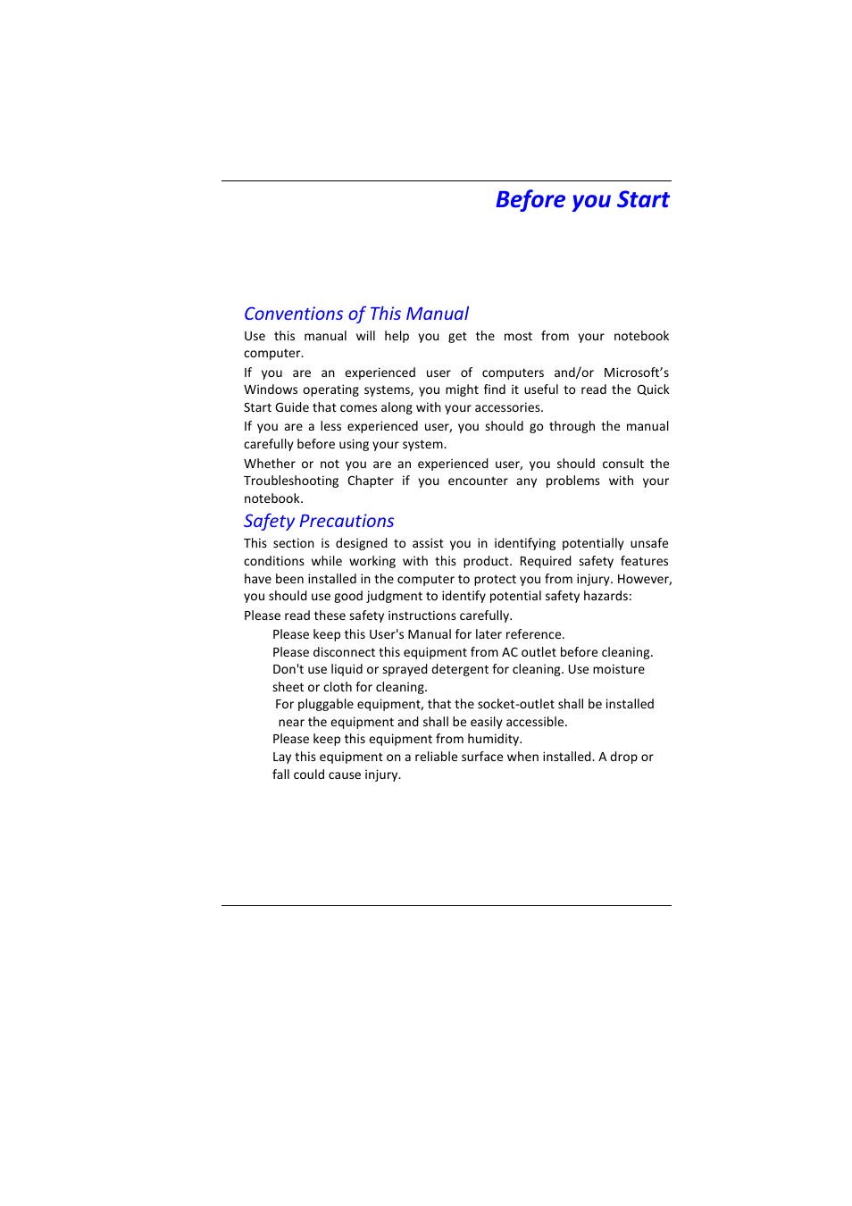 Efore you, Tart, Before you start | Conventions of this manual, Safety precautions | Elitegroup MB45II7 WIN7 User Manual | Page 8 / 70