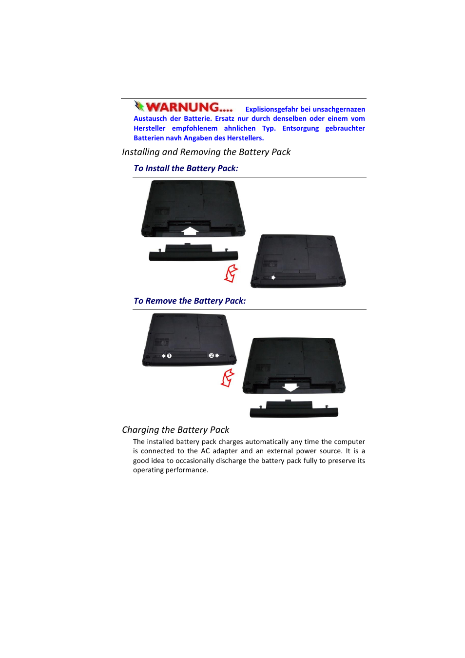 Nstalling and, Emoving the, Attery | Nstall the, Emove the, Harging the, Installing and removing the battery pack, Charging the battery pack | Elitegroup MB45II7 WIN8 User Manual | Page 27 / 63