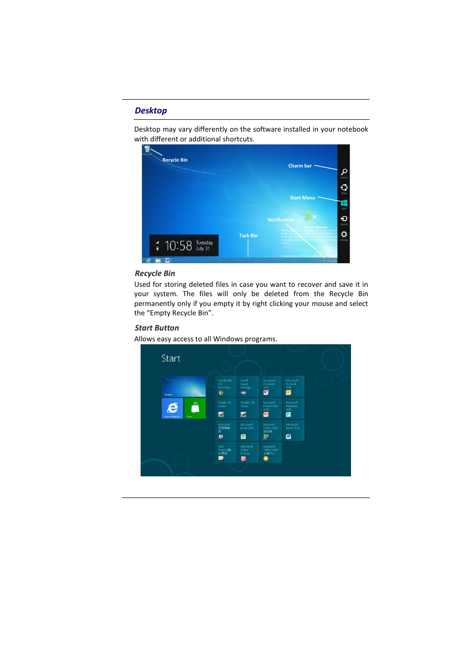 Esktop, Recycle bin, Start button | Desktop | Elitegroup MB45II7 WIN8 User Manual | Page 36 / 63